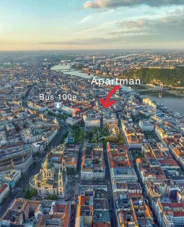 an aerial view of a city with a red arrow that says amsterdam at Hungaricum Budapest in Budapest