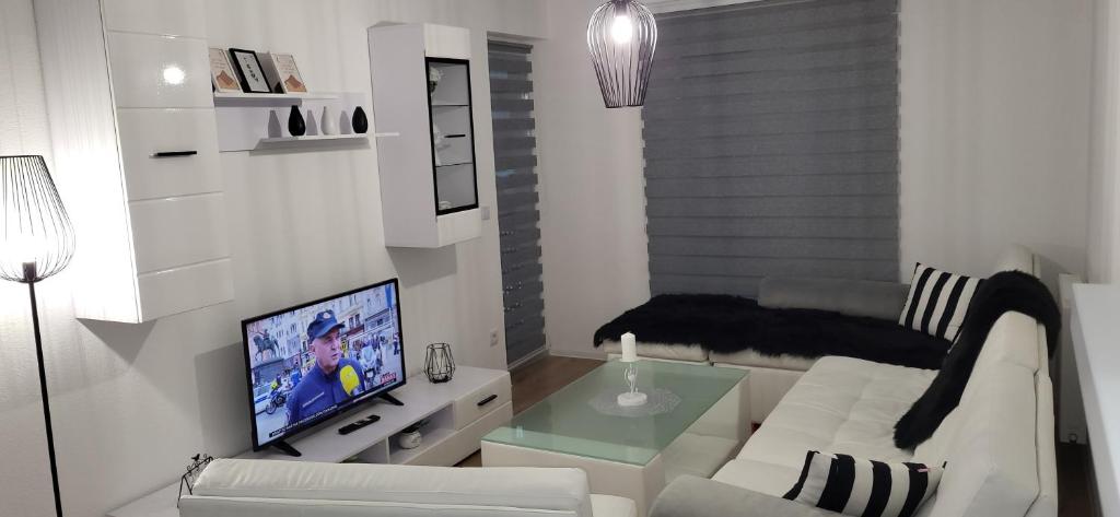 a living room with a white couch and a television at Comfort in Kiseljak