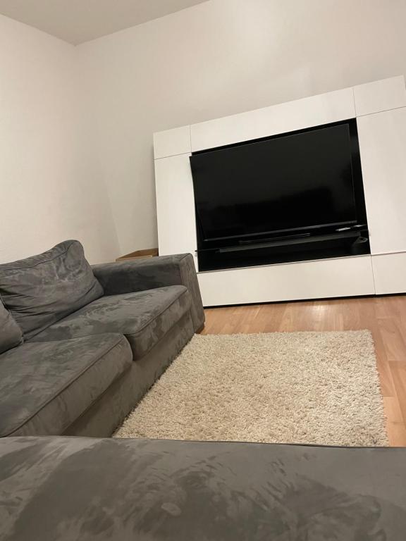 ein Wohnzimmer mit einem Sofa und einem großen Flachbild-TV in der Unterkunft Rio de Janeiro by estrella24 LIVING ROOMS in Castrop-Rauxel