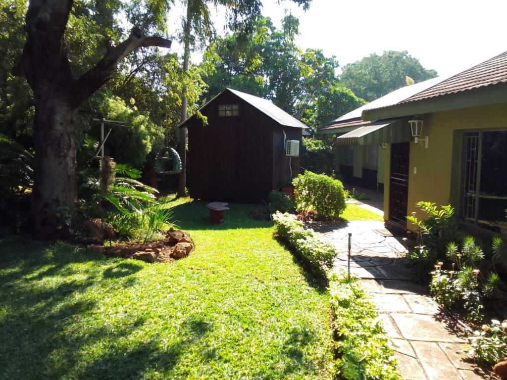 a yard of a house with a shed at Buffalo Street Cottages in Malelane