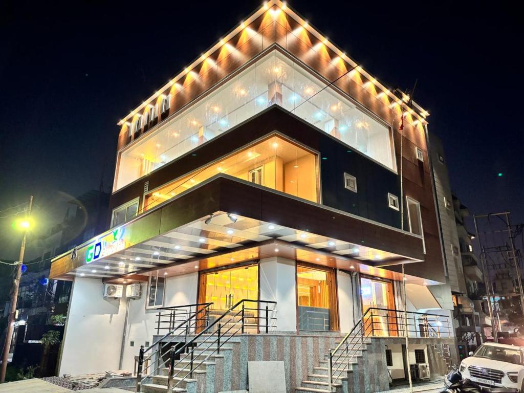 a building with lights on top of it at night at Hotel GD Grand Inn in Gorakhpur
