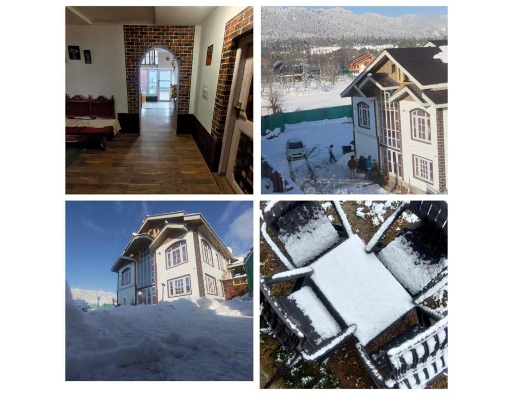 Hotel The Gulmarg Gateway Resort, Jammu and Kashmir في Tangmarg: مجموعة من اربع صور منزل مغطى بالثلج