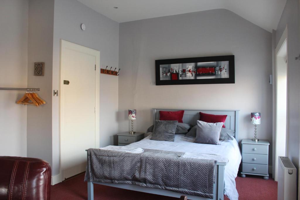 a bedroom with a bed with red pillows at Studio flat - An Bonnan Bui in Rathmullan