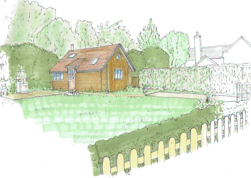 un dibujo de una casa con un patio en The Potting Shed Sopley en Christchurch