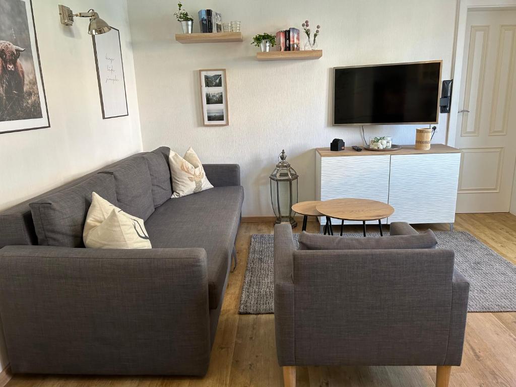 a living room with a couch and a tv at Löwenstein Ferienwohnungen in Willingen