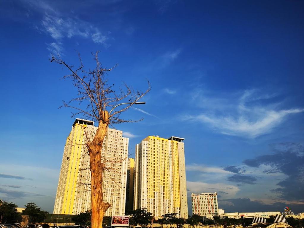 een boom voor twee hoge gebouwen bij Capital O 93935 Kukami Rooms in Bekasi