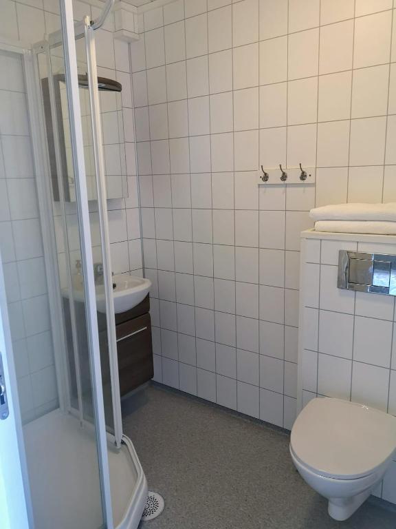 UlvsvågUlvsvåg Gjestgiveri og Fjordcamping AS的带淋浴、马桶和水槽的浴室
