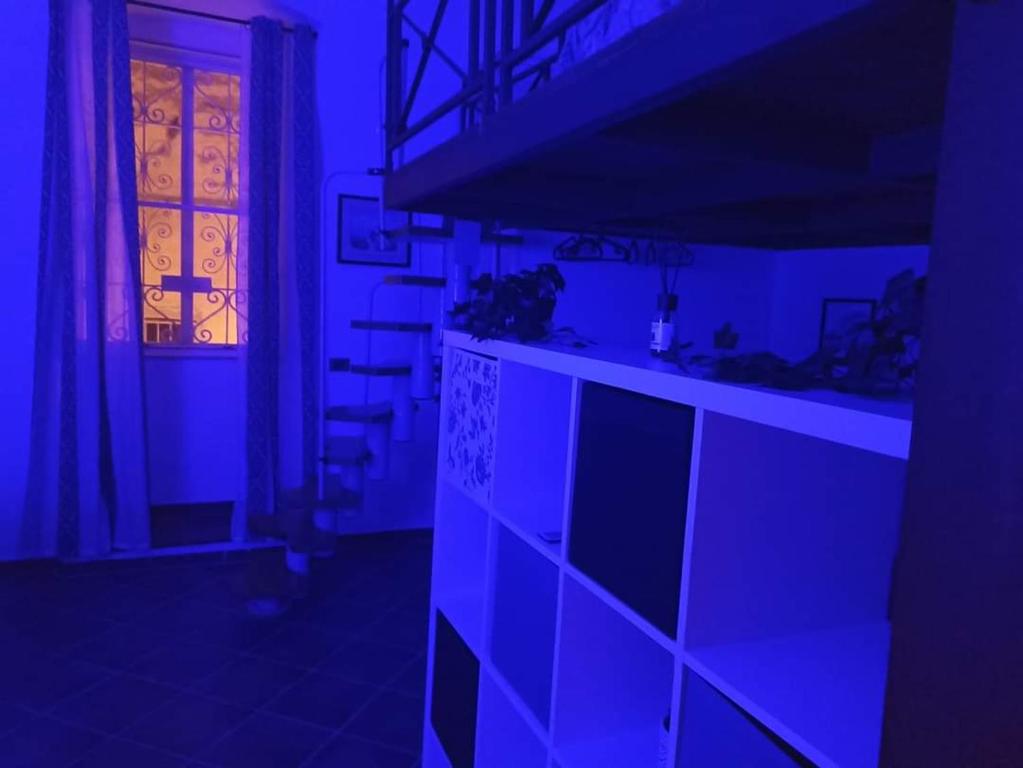 a blue room with a kitchen with a window at Light House Bisceglie in Bisceglie