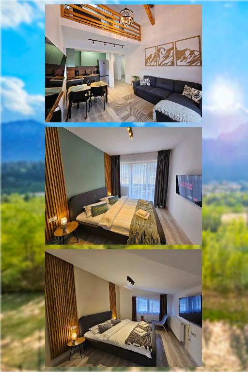 a collage of three pictures of a hotel room at Magic Mountain View Busteni in Buşteni