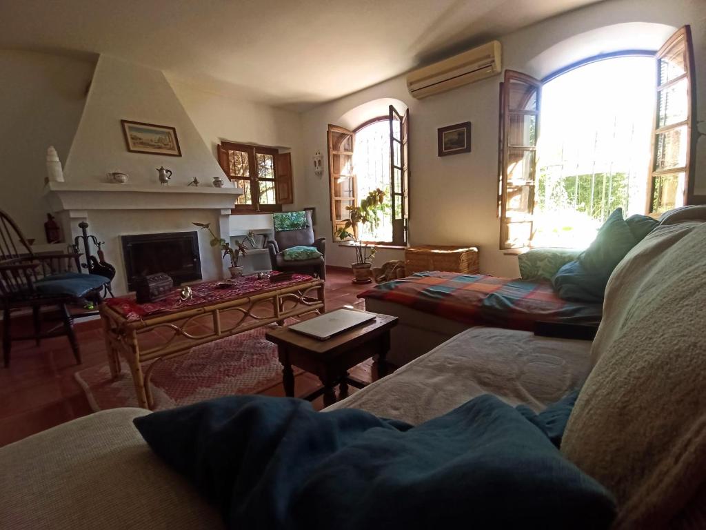 ein Wohnzimmer mit einem Sofa und einem Kamin in der Unterkunft El Cortijo de Marie in Granada