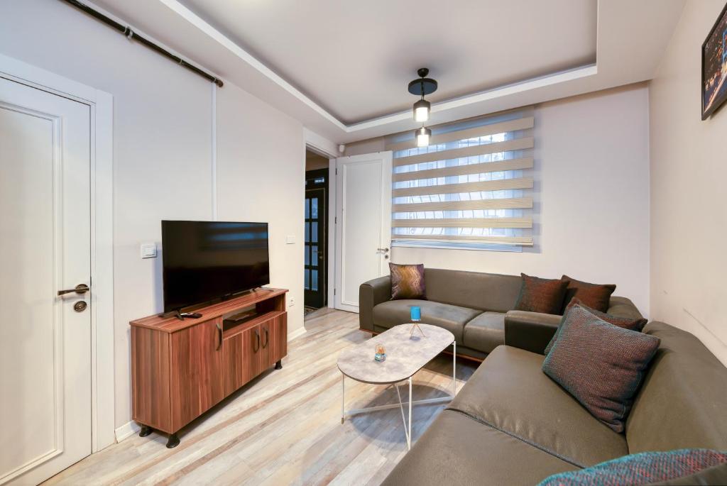 uma sala de estar com um sofá e uma televisão de ecrã plano em HAGİA Detached House em Istambul