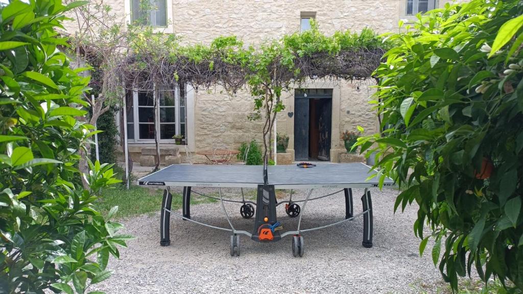 una mesa de ping pong frente a una casa en La Taniere 16 couchages, en Vergèze