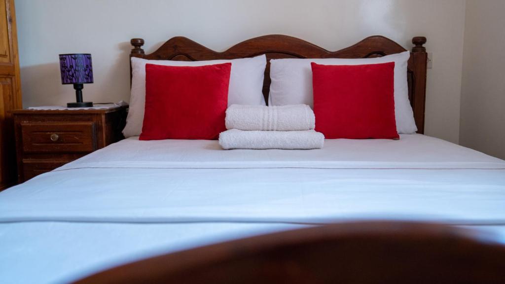 - une chambre avec un lit et 2 oreillers rouges dans l'établissement Villa salma, à Oualidia