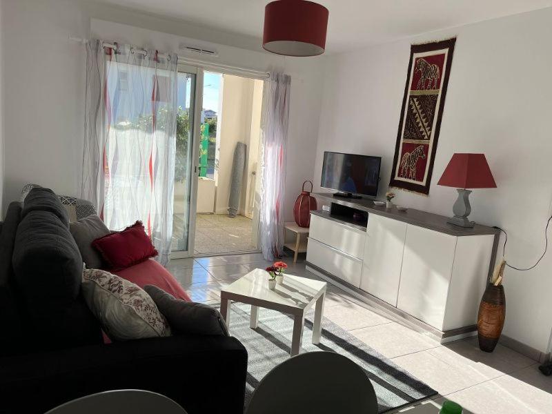 a living room with a couch and a tv at Appartement La Villa Gayrou in Vieux-Boucau-les-Bains