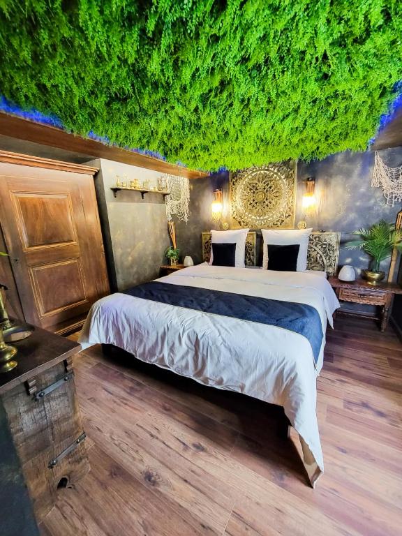 - une chambre avec 2 lits et un plafond vert dans l'établissement Dormir Chez les Pirates charme & confort à 10 min de Colmar, à Sainte-Croix-en-Plaine