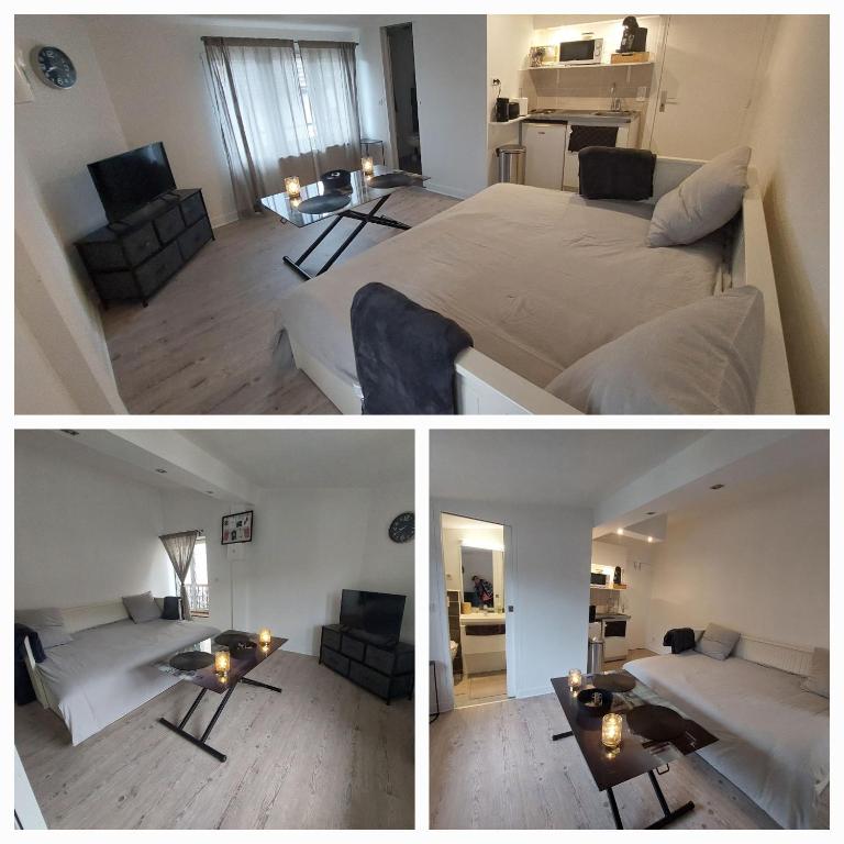 2 fotos de un dormitorio y una sala de estar en Charmant studio 17m2, en Élancourt