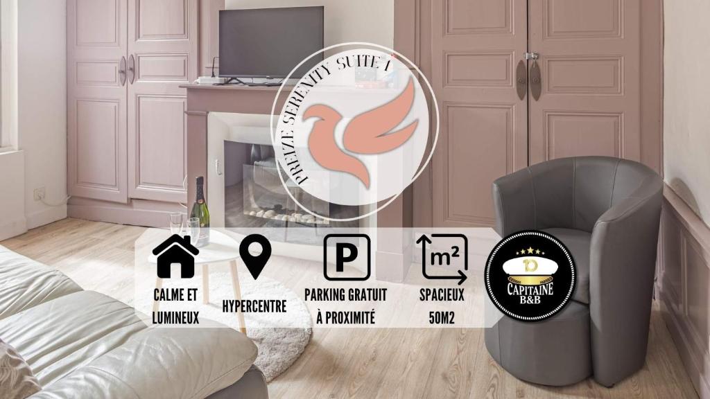 un salon avec une cheminée et une télévision dans l'établissement Preize Serenity Suite 1 - Hypercentre - 2 pers., à Troyes