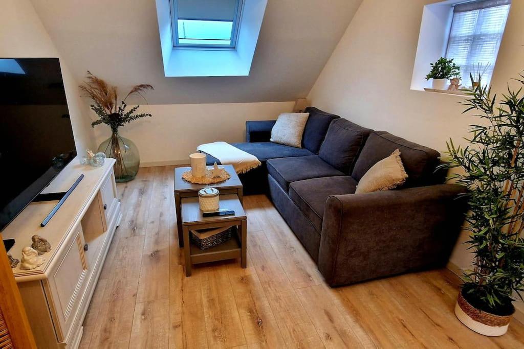 een woonkamer met een bank en een tafel bij Appartement charmant et spacieux in Auxerre