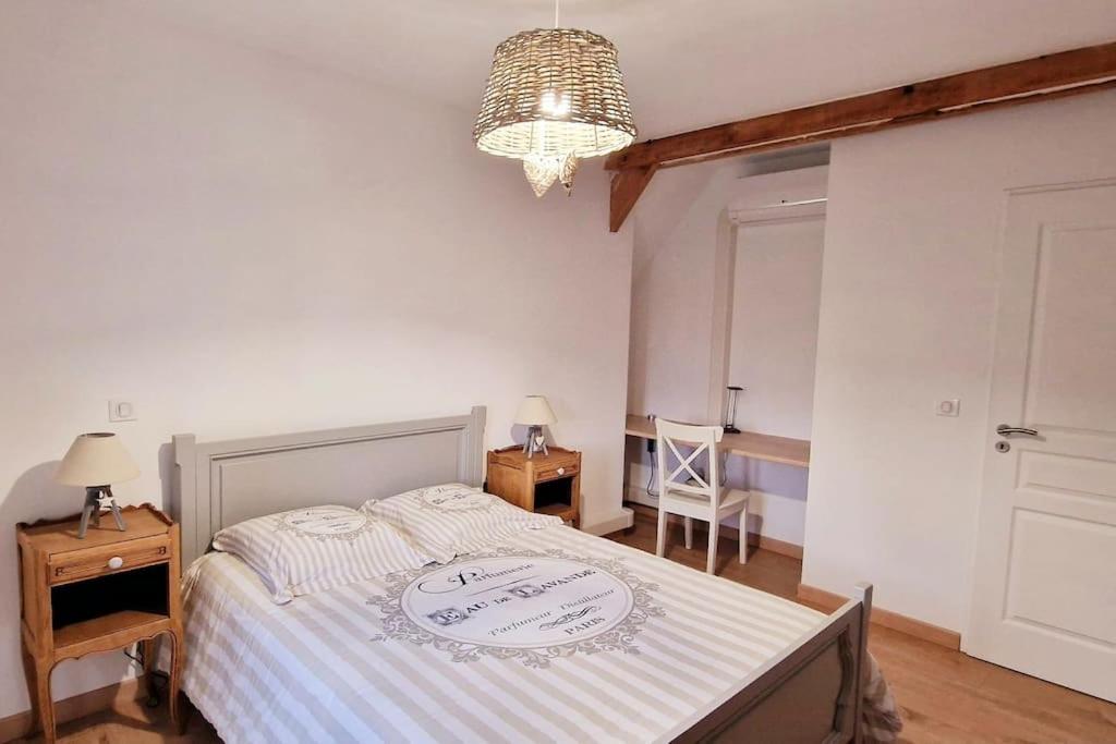 a bedroom with a bed and a chandelier at Appartement charmant et spacieux in Auxerre