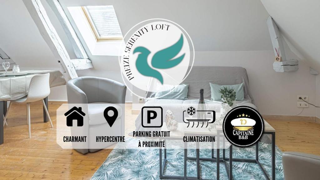 une table avec un panneau dans un salon dans l'établissement Preize Serenity Loft - Hypercentre - 2 pers., à Troyes