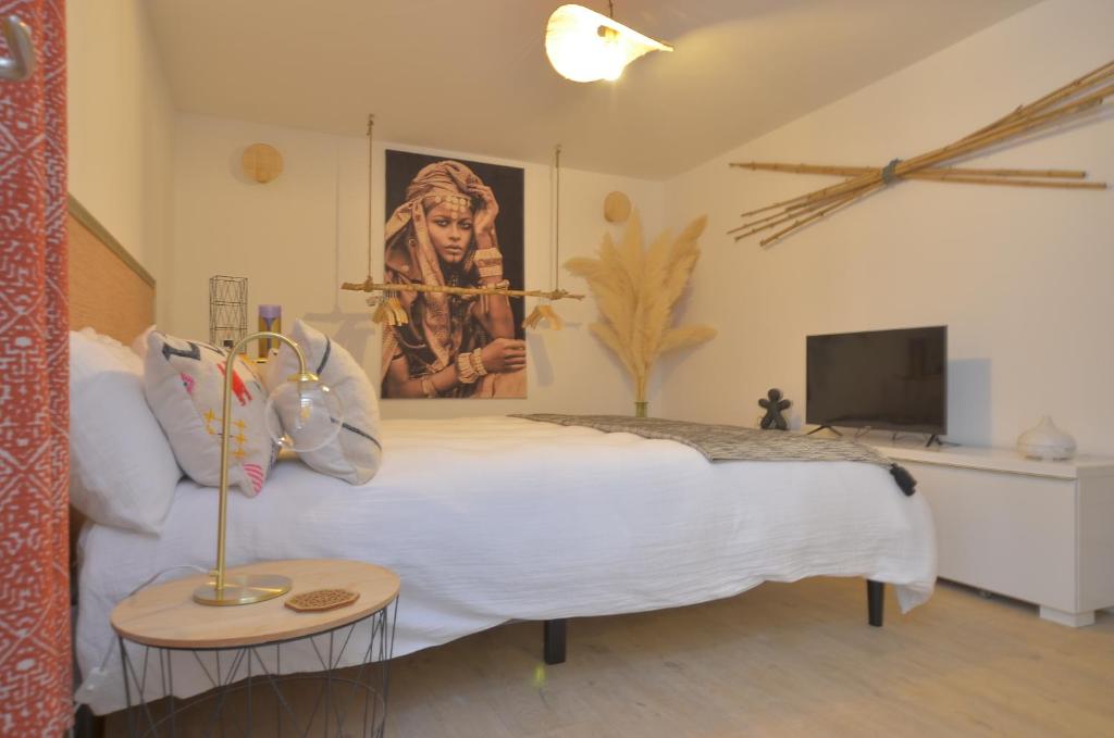 a bedroom with a large bed and a tv at Evasion in Aigues-Mortes