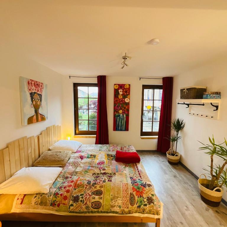 a bedroom with a large bed and two windows at No 25 superbe apartment plein centre calme ,Netflix in Mirepoix