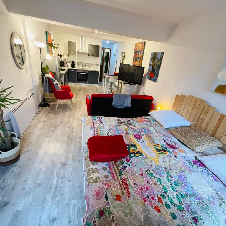 salon z dużym łóżkiem i salonem w obiekcie Hôte Labyrinthe sur la place chambres d, hôtes , calme ,Netflix w mieście Mirepoix