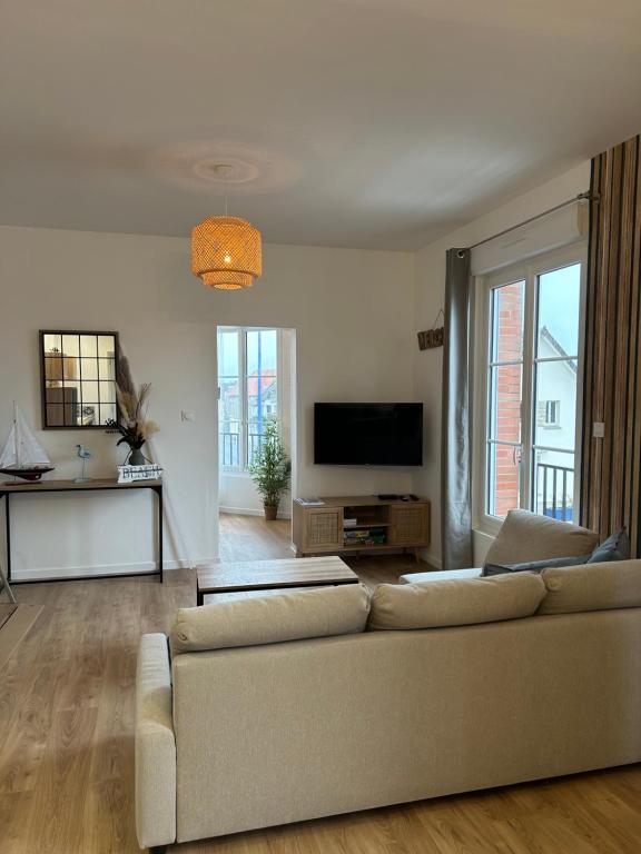 un salon avec un canapé et une télévision dans l'établissement Appartement Cote des Isles, à Barneville-Carteret