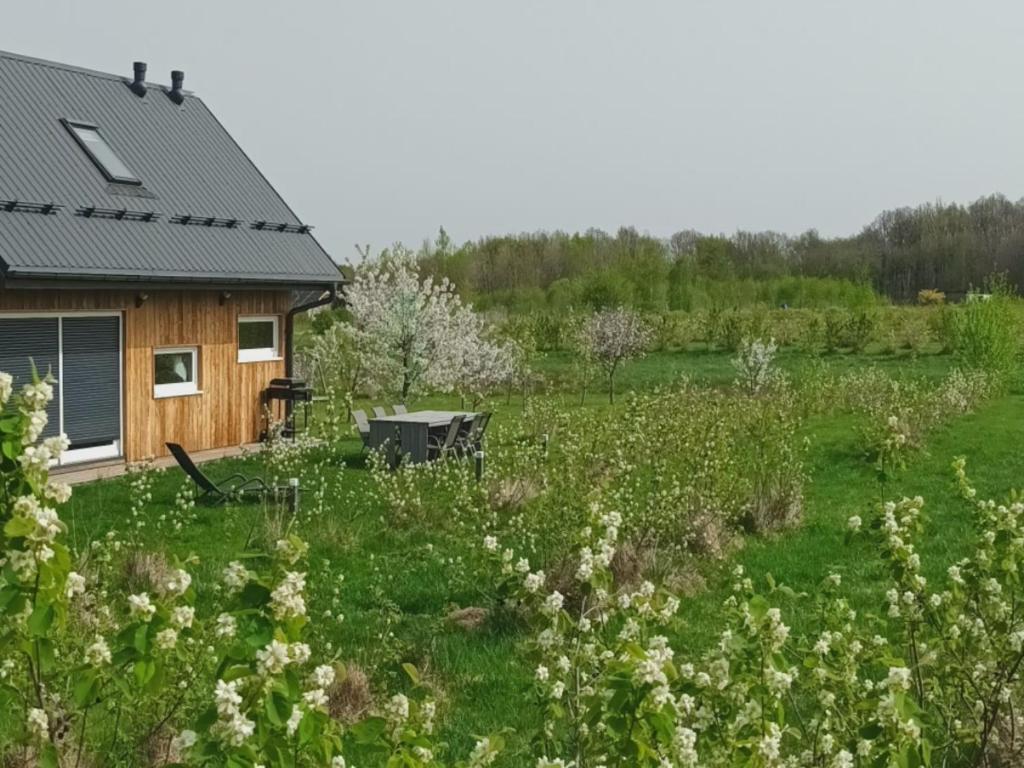een huis in het midden van een veld met bloemen bij E Berry Farm - Slow life home in Olszyna