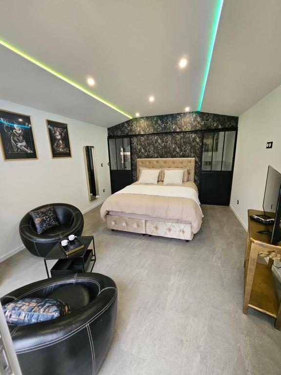 a bedroom with a king sized bed and a couch at hébergement privée Jaccuzzi en supplément in Saint-Clair-du-Rhône