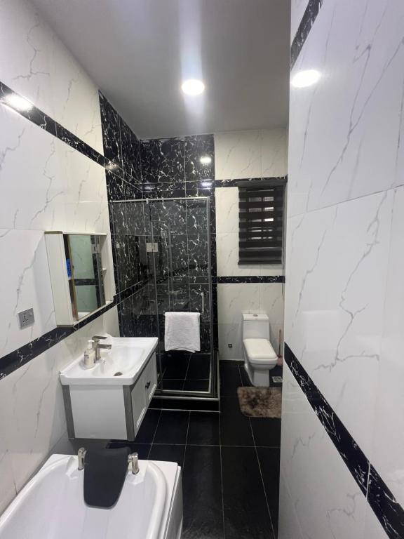 uma casa de banho em preto e branco com um lavatório e um WC em 3Bedroom Serviced Apartment Shortlet, Lekki- Lagos em Lekki