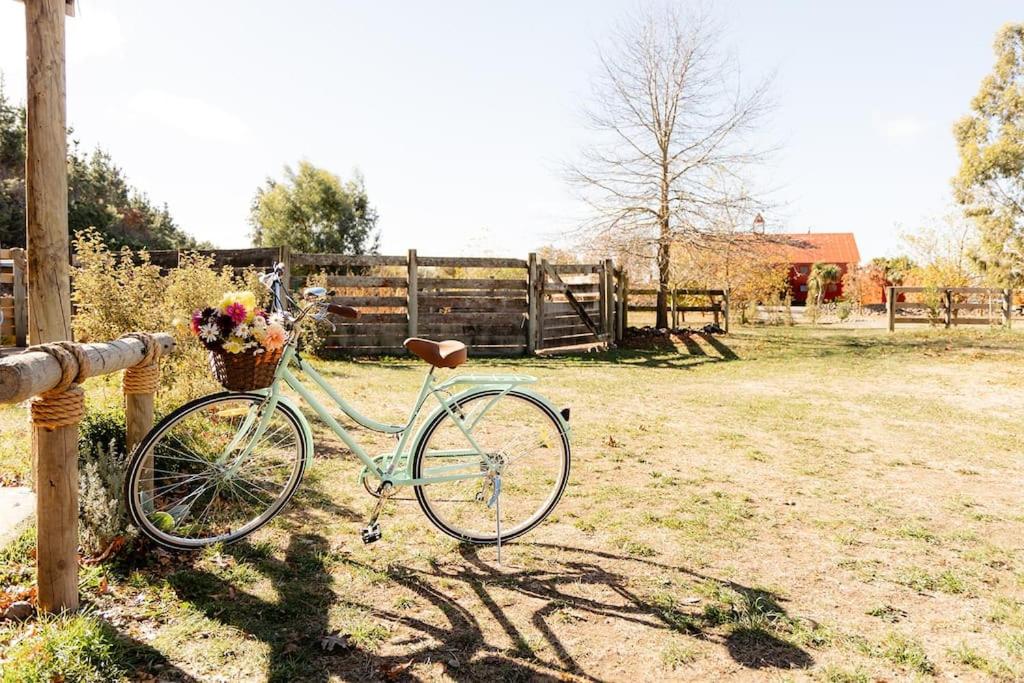 a bike parked in a field with a basket of flowers at Self contained & self serviced Farmstay in Waipara wine region, bath & fire in Waipara