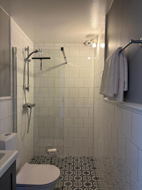een badkamer met een douche, een toilet en een wastafel bij Gästhus i gårdsmiljö in Forsheda