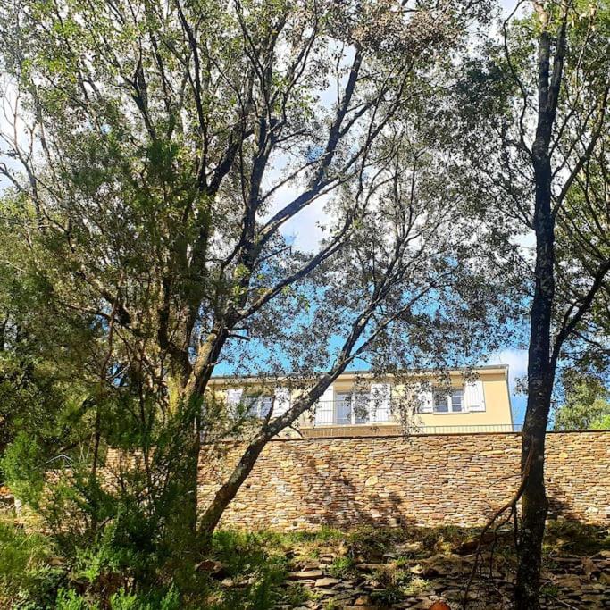 une maison en briques avec un mur en briques et des arbres dans l'établissement Magnifique villa au cœur des Cévennes, à Saint-Privat-de-Vallongue