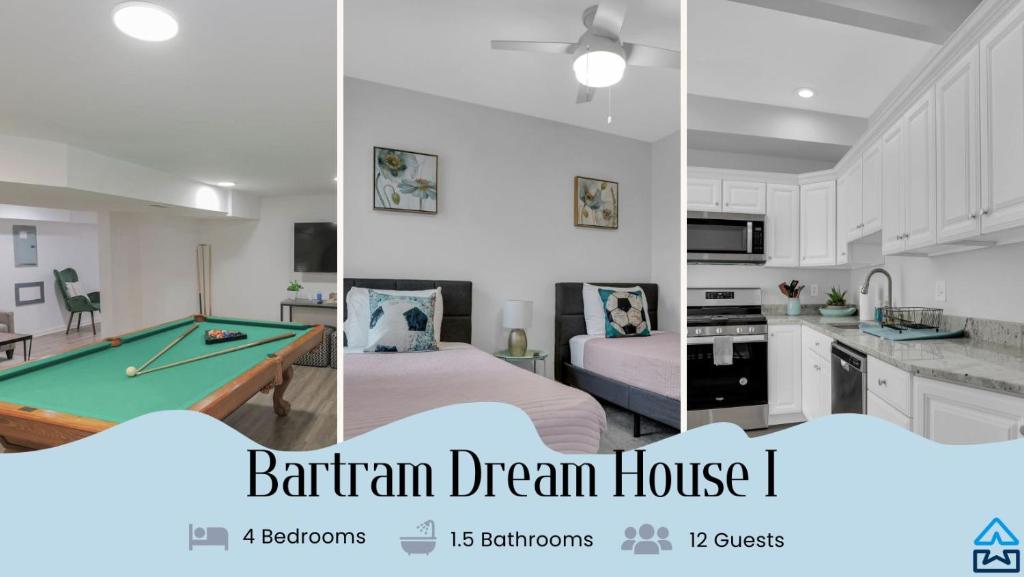 a kitchen and a living room with a pool table at Bartram Dream House I - Bartram Beach Retreat in Atlantic City