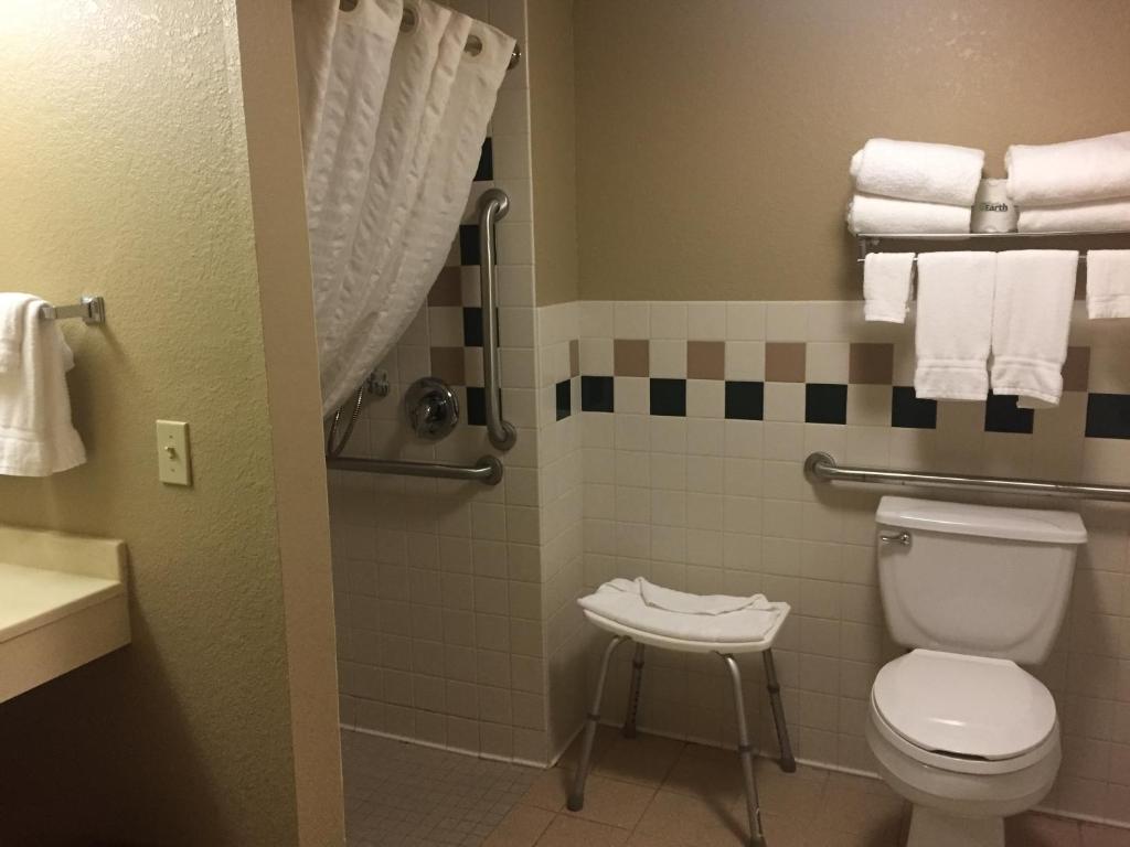 y baño con aseo, lavabo y toallas. en Boarders Inn and Suites by Cobblestone Hotels - Fayette, en Fayette