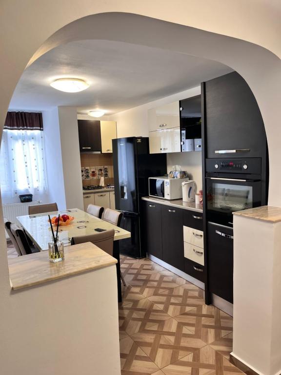 a kitchen with black appliances and a counter top at Apartament Maria 1 in Băile Herculane