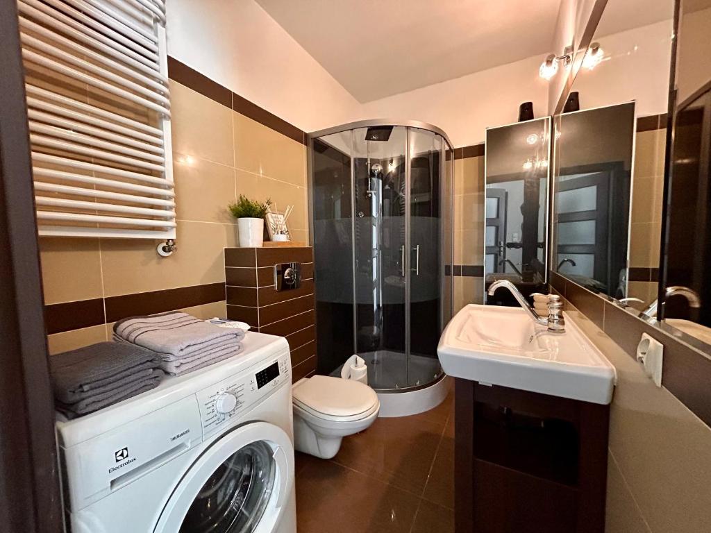 a bathroom with a washing machine and a sink at Apartament Gdynia Park 1 in Gdynia