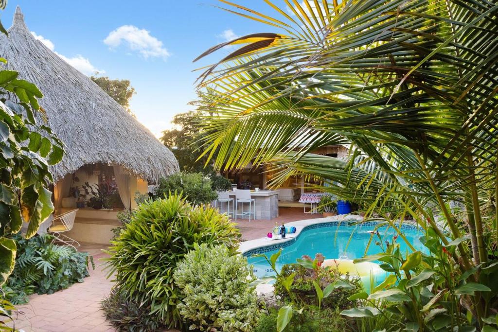 un complejo con una piscina y una palmera en Villa Laurence - Steps to Ocean Bliss by Lucha, en Savaneta