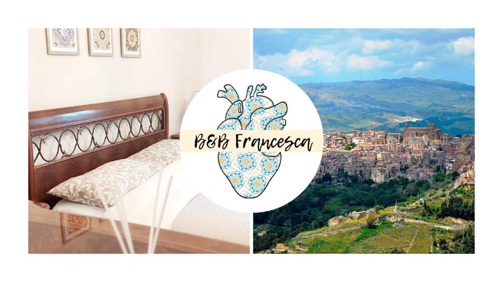 a collage of two pictures of a bedroom with a view of a city at B&B Francesca in Calascibetta