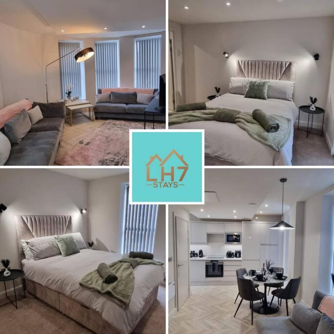 4 Bilder von einem Schlafzimmer und einem Wohnzimmer in der Unterkunft Luxury Penthouse - Central Location - 2 Bed in Leeds