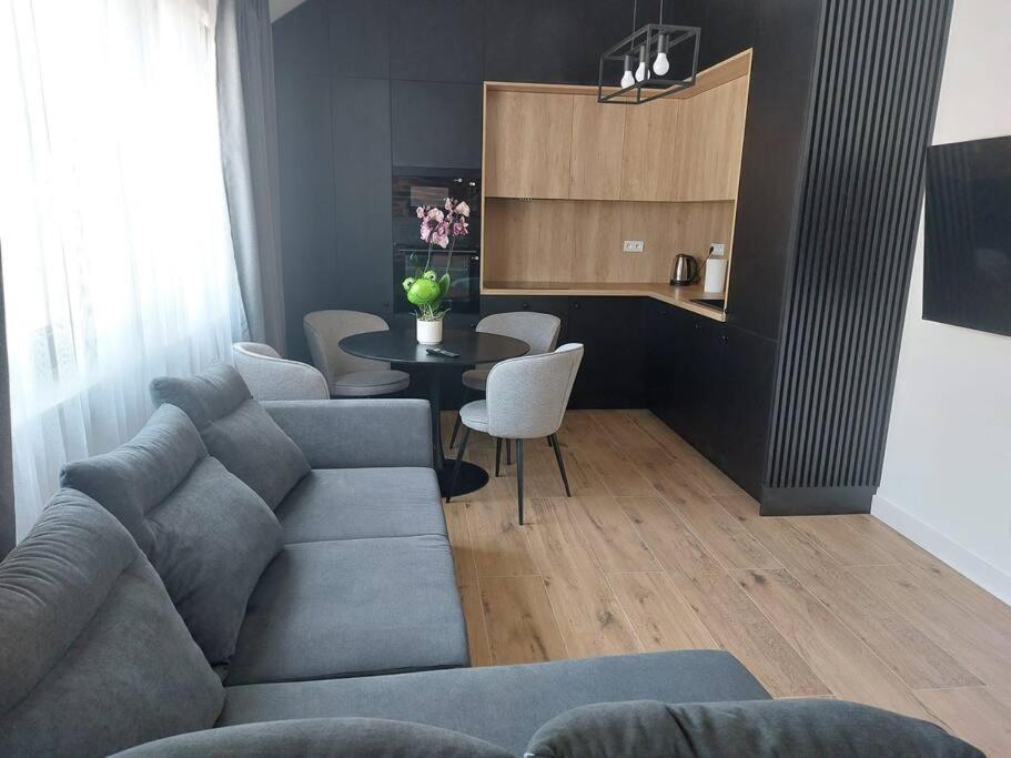 a living room with a couch and a table at Apartament z dużym tarasem, bezpłatny parking, AWG APARTMENTS in Kraków