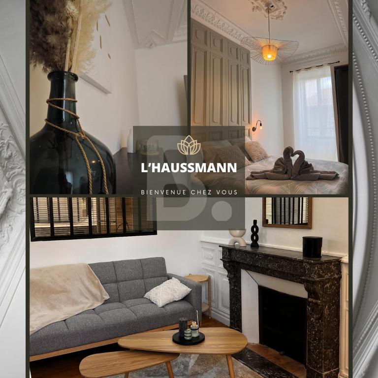 un salon avec un canapé et une cheminée dans l'établissement L'Haussmann - centre ville - 5 personnes, à Cournon-dʼAuvergne