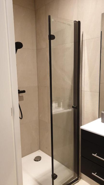 een douche met een glazen deur in de badkamer bij Diktbiy Stadion - A in Eindhoven
