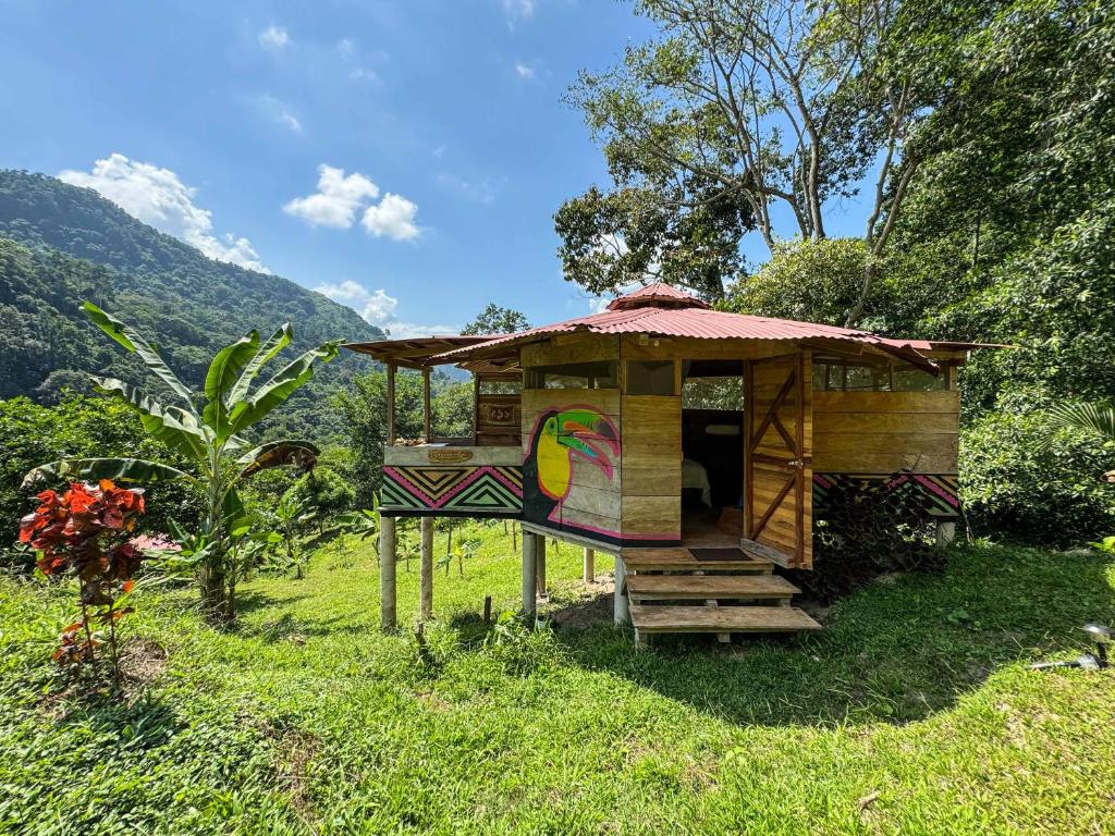 a small wooden house in a field of grass at Cabaña Guasale (Toucan) in Guachaca