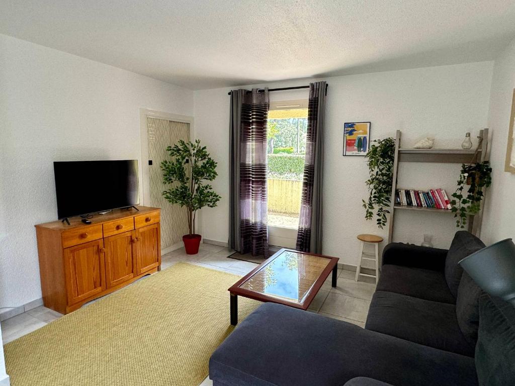 un salon avec un canapé et une télévision à écran plat dans l'établissement Appartement lumineux à 300m de l'océan et proche du marché, rez-de-chaussée, terrasse aménagée. - FR-1-239-1041, à Seignosse