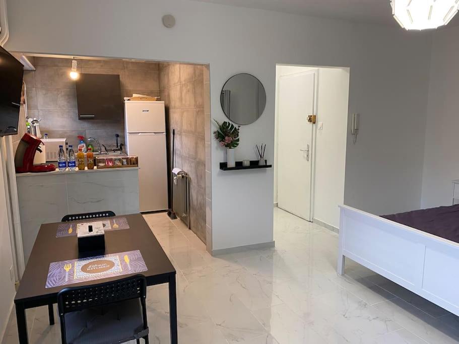 uma grande cozinha com uma mesa e um frigorífico em Appartement cosy 29 m2 à 5 min Basel parking gratuit em Saint-Louis