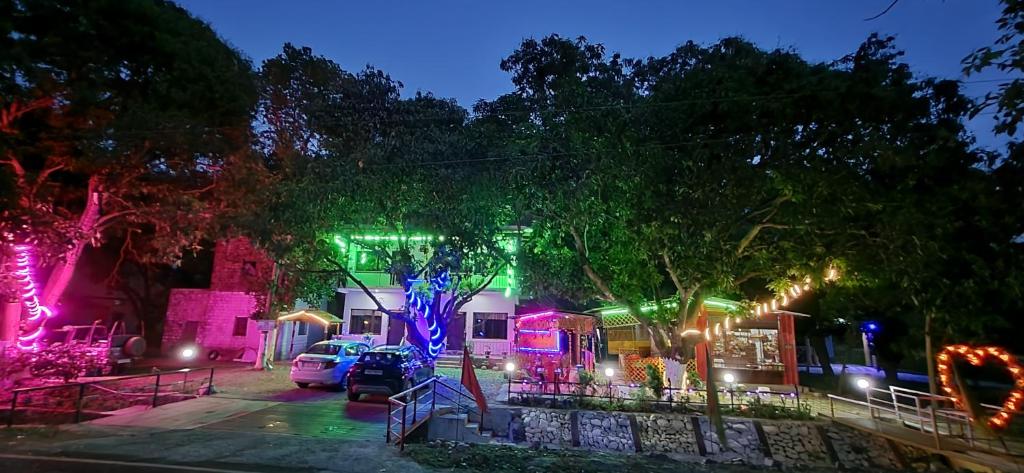 una casa decorada con luces de Navidad por la noche en Corbett Madhavi Homestay, en Belparāo