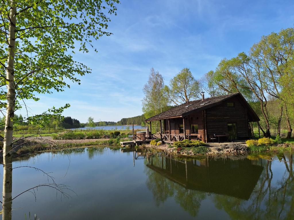 a log cabin next to a river with trees at Akmeninis Bebras in Zhemoytele