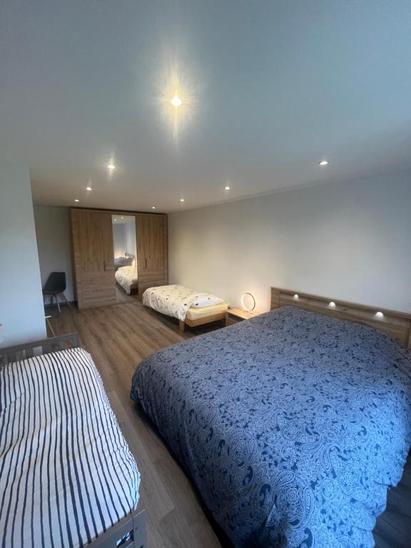 duża sypialnia z 2 łóżkami i sufitem w obiekcie Gîte des roses w mieście Diebolsheim